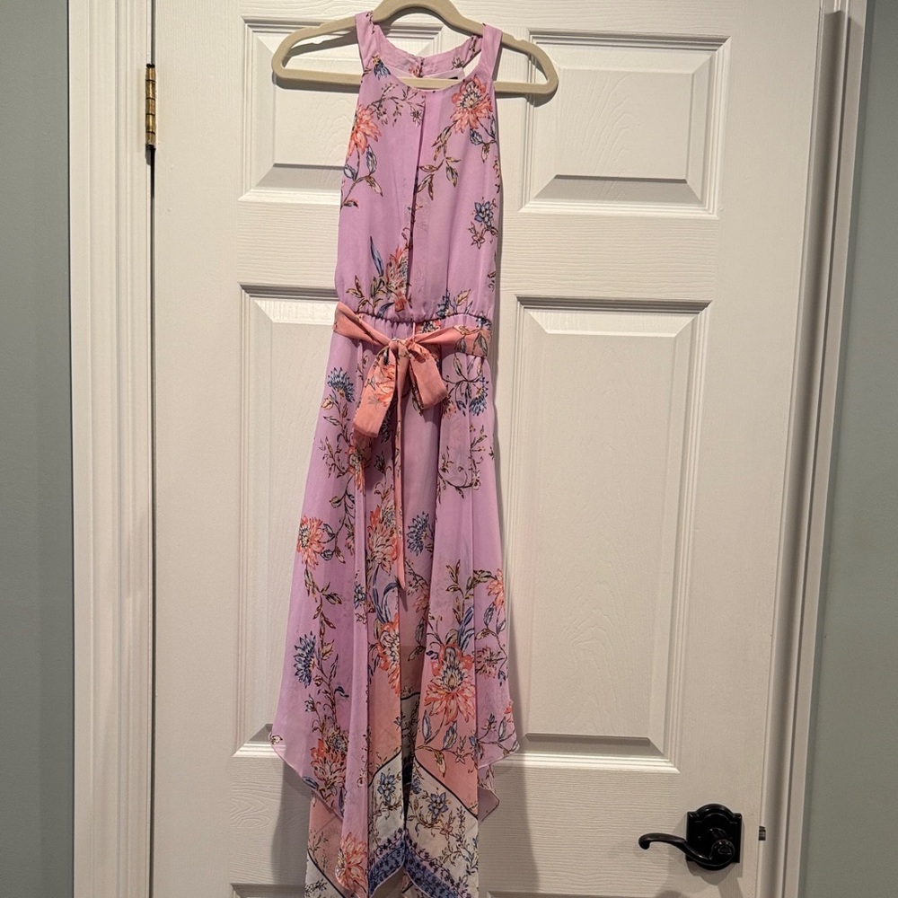 Zunie Lilac Floral High-Low Dress with Peach Tie